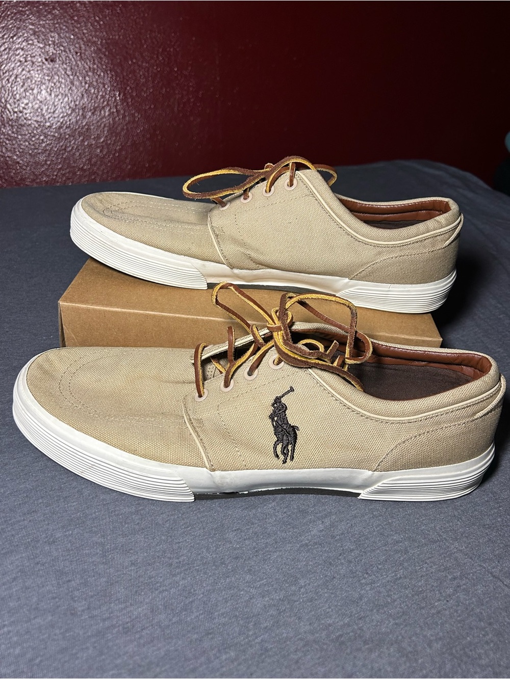 Polo by Ralph Lauren Tan Canvas Boat Shoes with Navy Polo Logo